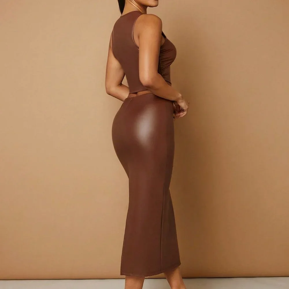 Brown Elegant Womens Solid PU Leather Tank Top & Pencil Skirt - Picture 3 of 5